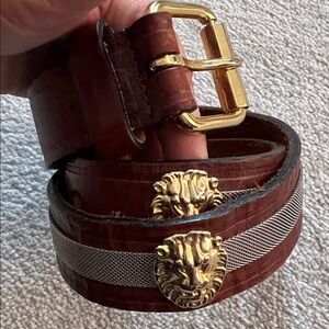 Dark Cognac Leather Belt with Metal Mesh Chain & Gold Tone Lion Head Detail ❤️
